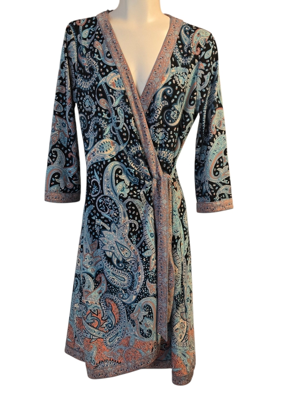 BCBG Max Azria Paisley Wrap Dress Boho Blue Coral Print Tie Waist Size M
